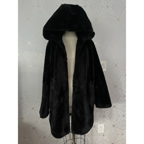 Women DKNY Black Faux Fur Hooded Coat Jacket Pockets Sz XL $380 - Picture 14 of 16